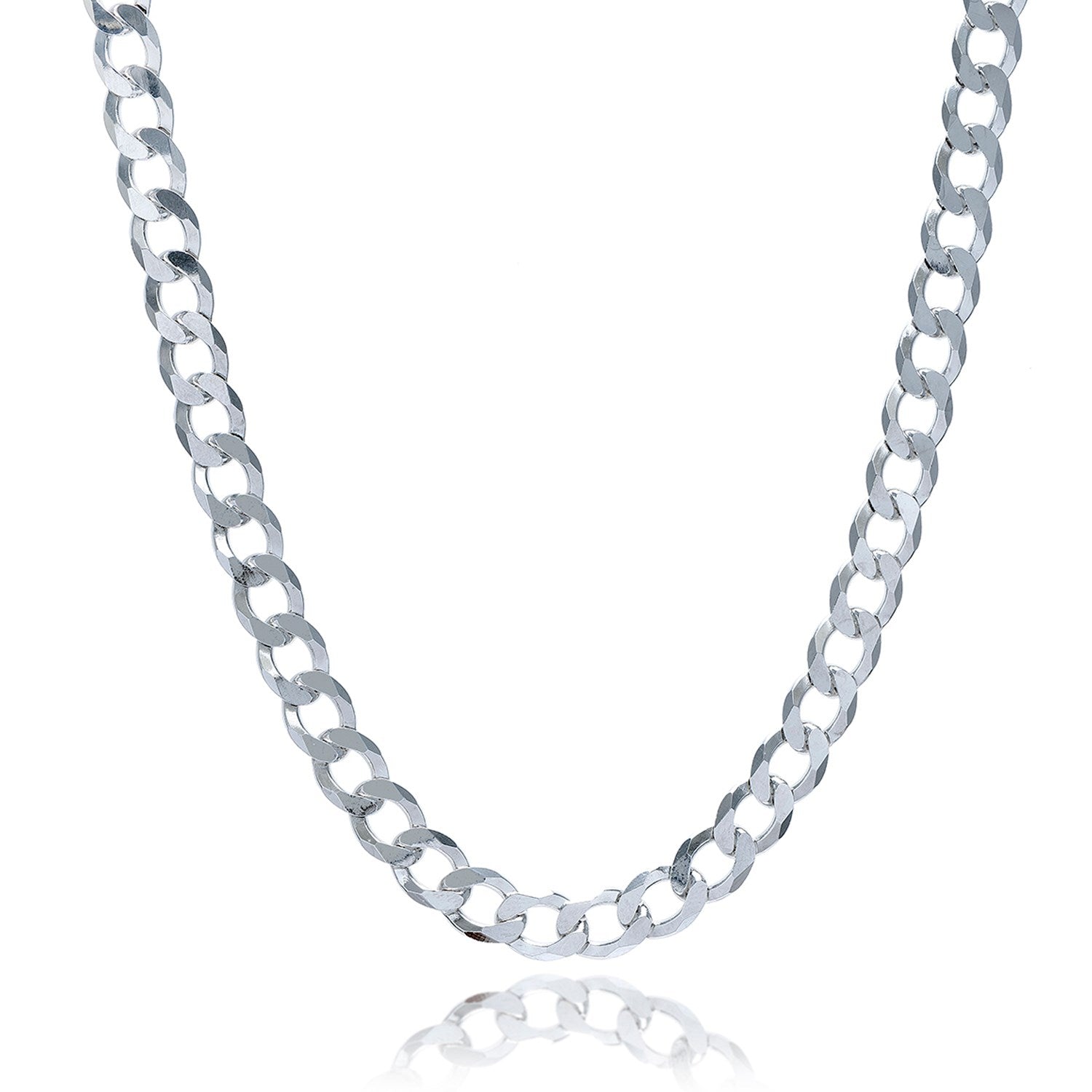 Rhodium-plated sterling silver curb chain with a reflective surface.
