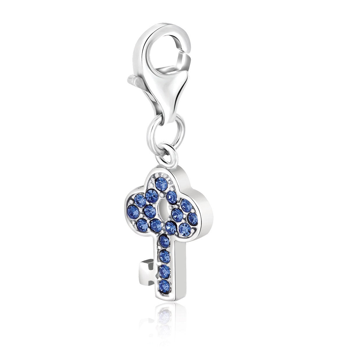 Sterling silver key charm with blue crystal embellishments and a lobster clasp.