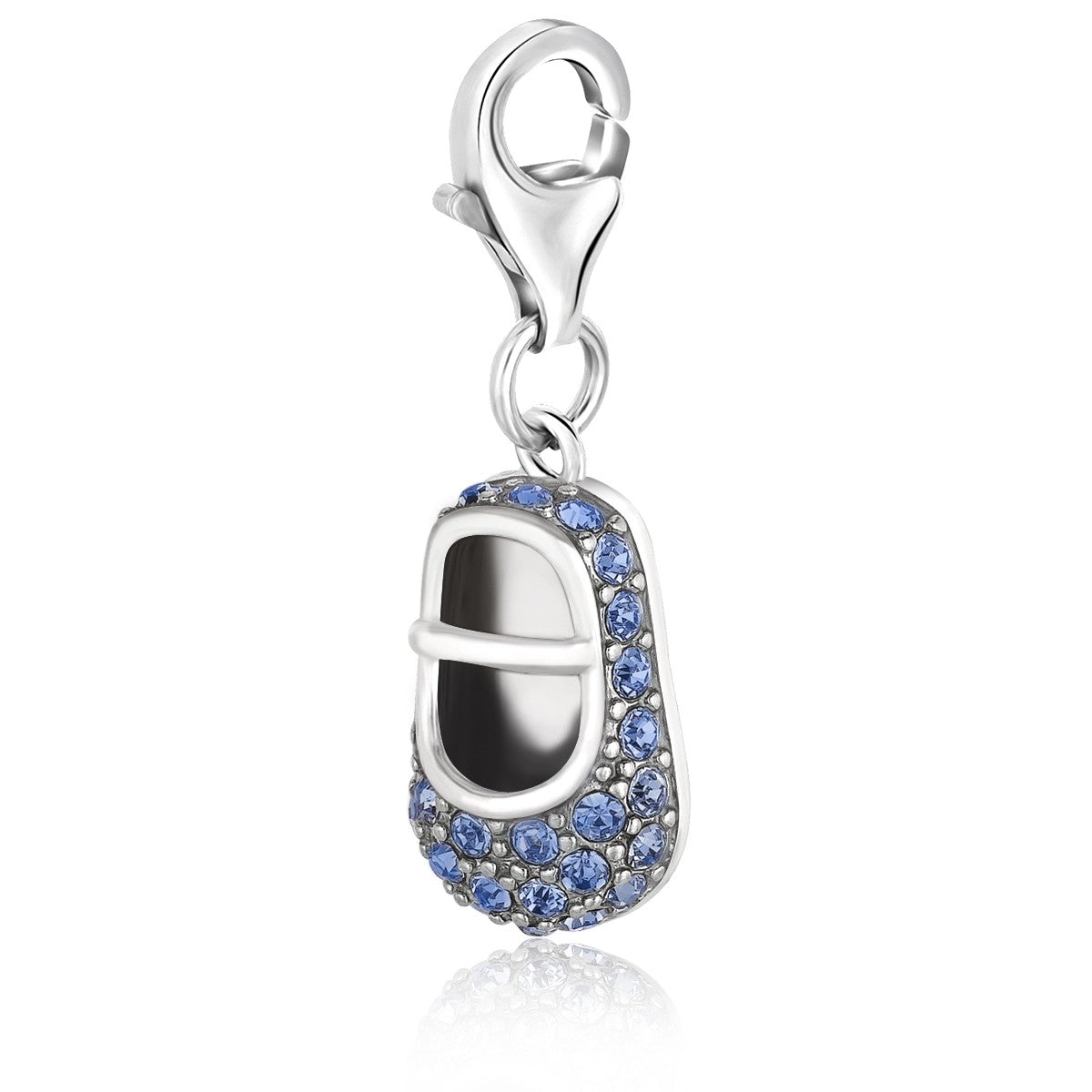 Sterling silver baby shoe charm with blue crystal embellishments and a lobster clasp.