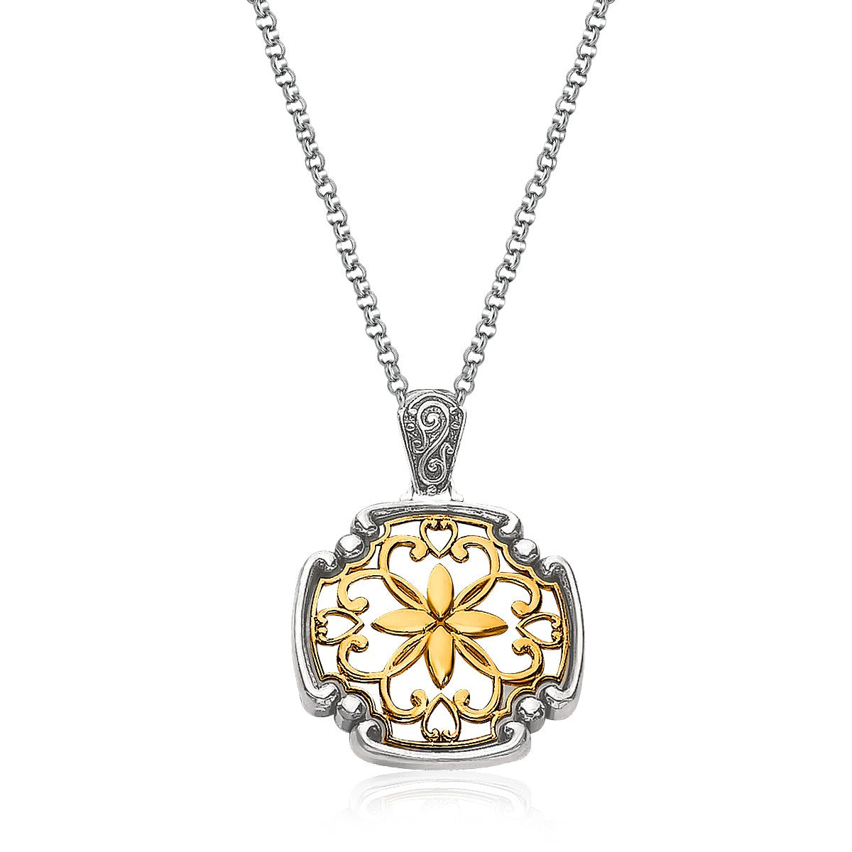14K yellow gold and sterling silver necklace with a vintage-inspired pendant.