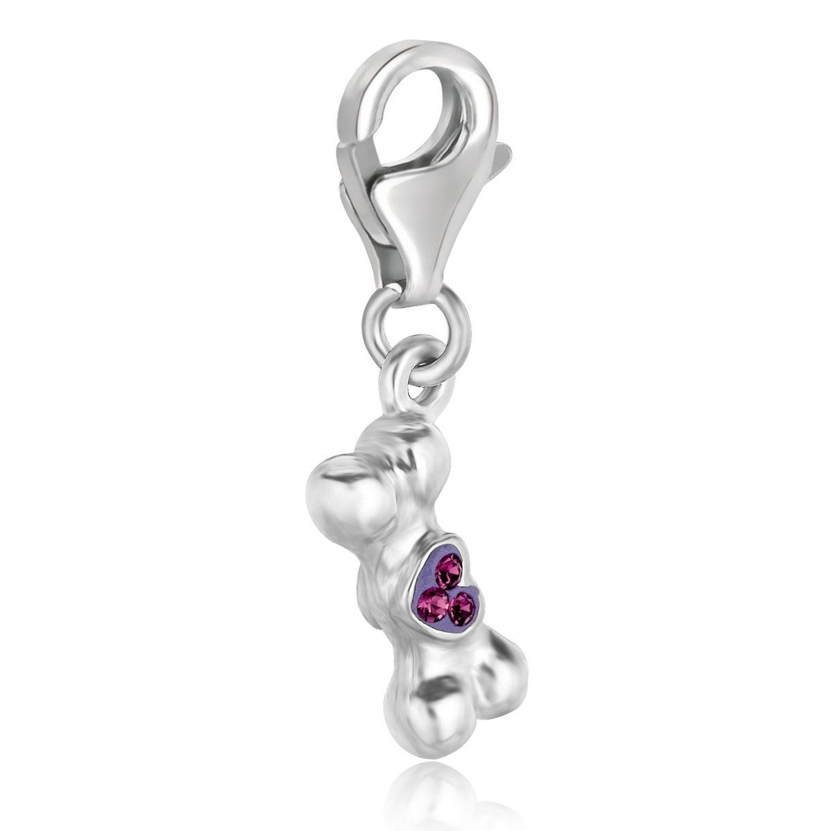 Sterling silver dog bone charm with a purple heart and three pink crystals.