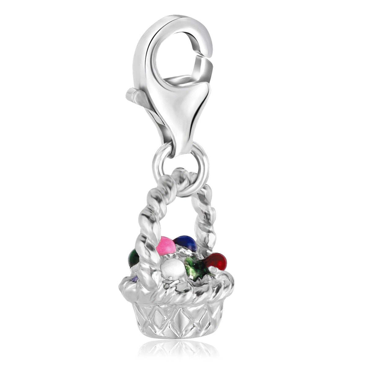 Sterling silver Easter egg basket charm with colorful enamel eggs.