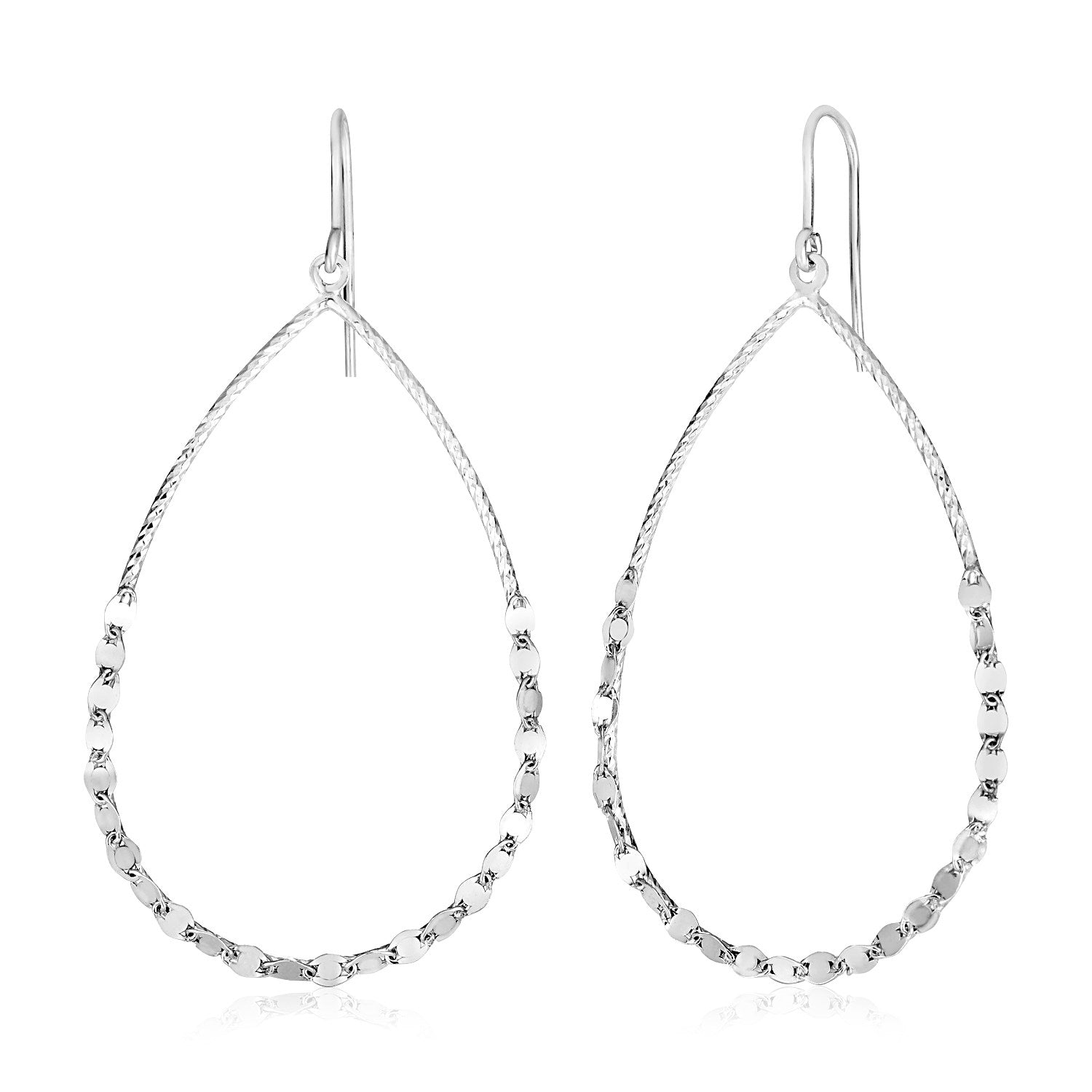 Sterling silver textured teardrop motif dangle earrings with French hook clasps.