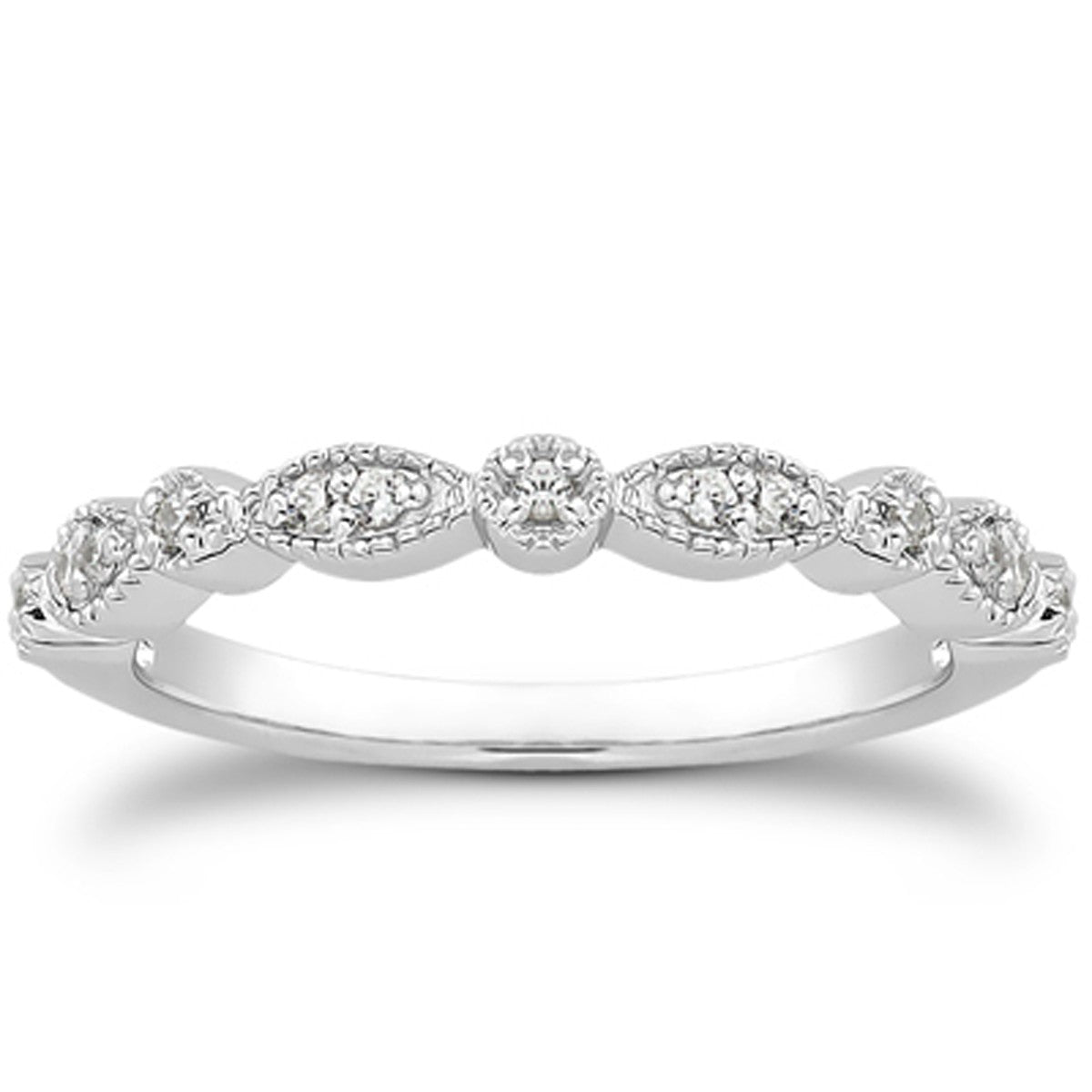 14k white gold vintage-look wedding band with pave diamonds and milgrain edges.