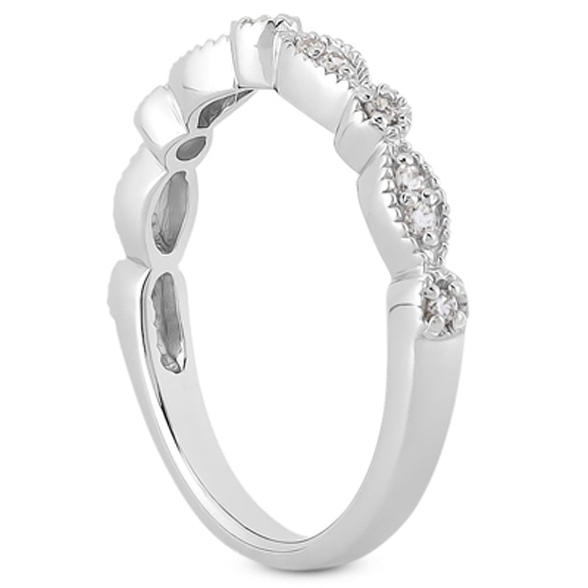 14k white gold vintage-look wedding band with pave diamonds and milgrain edges.