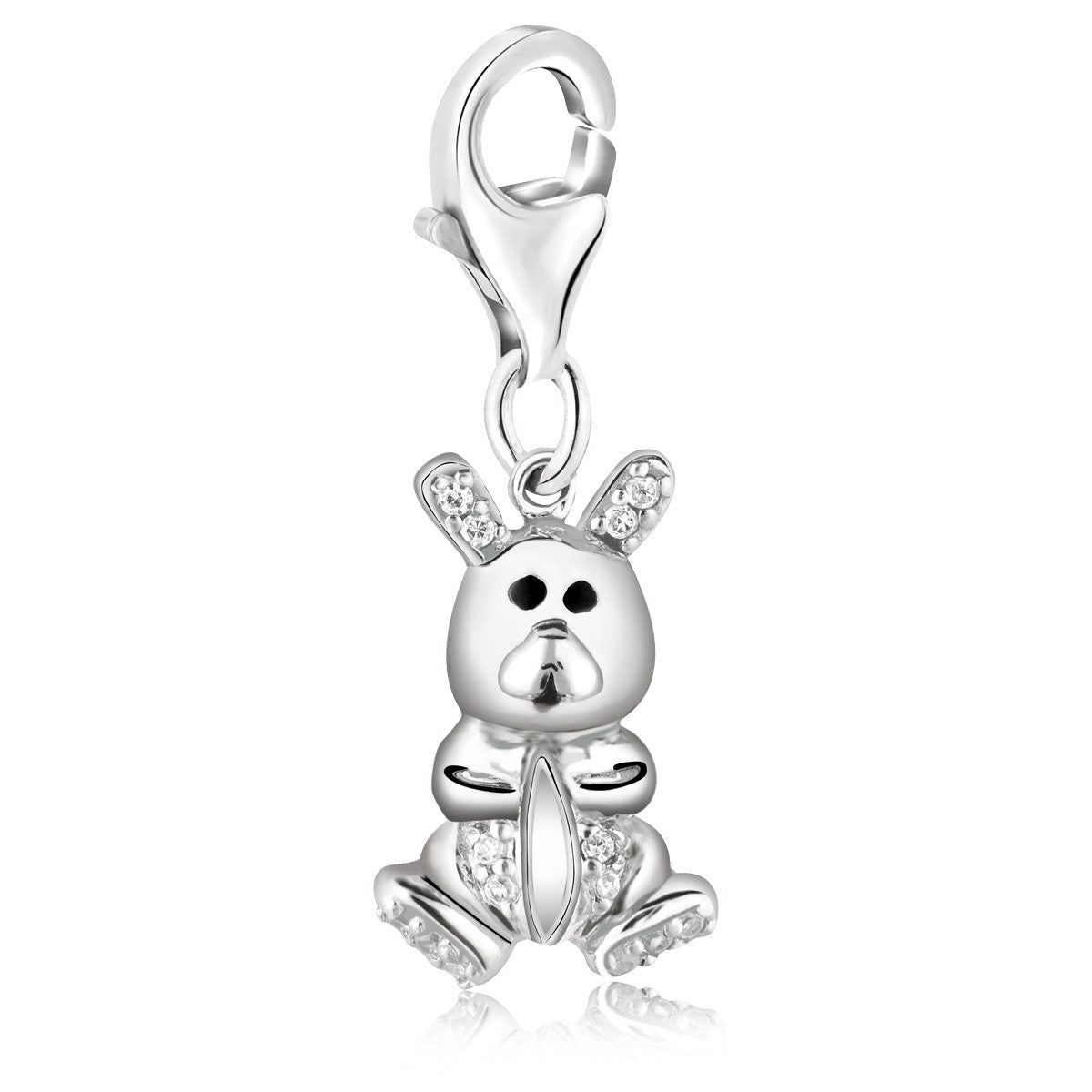 Sterling silver bunny charm with white crystal embellishments and a lobster clasp.
