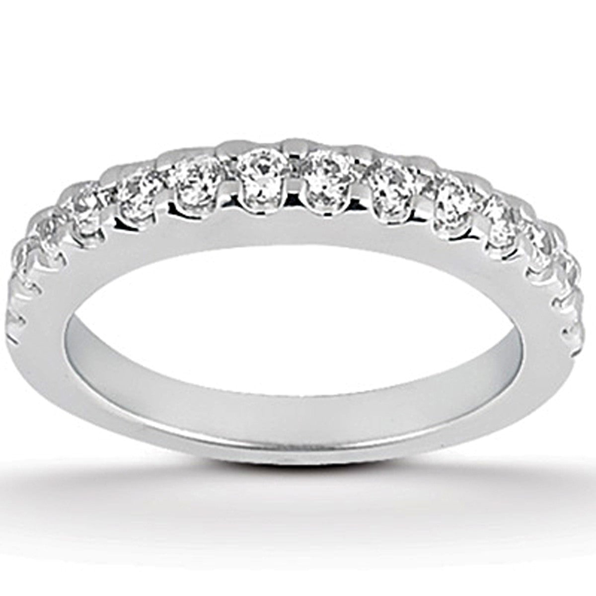 14k white gold shared prong diamond wedding ring band with 14 round diamonds.