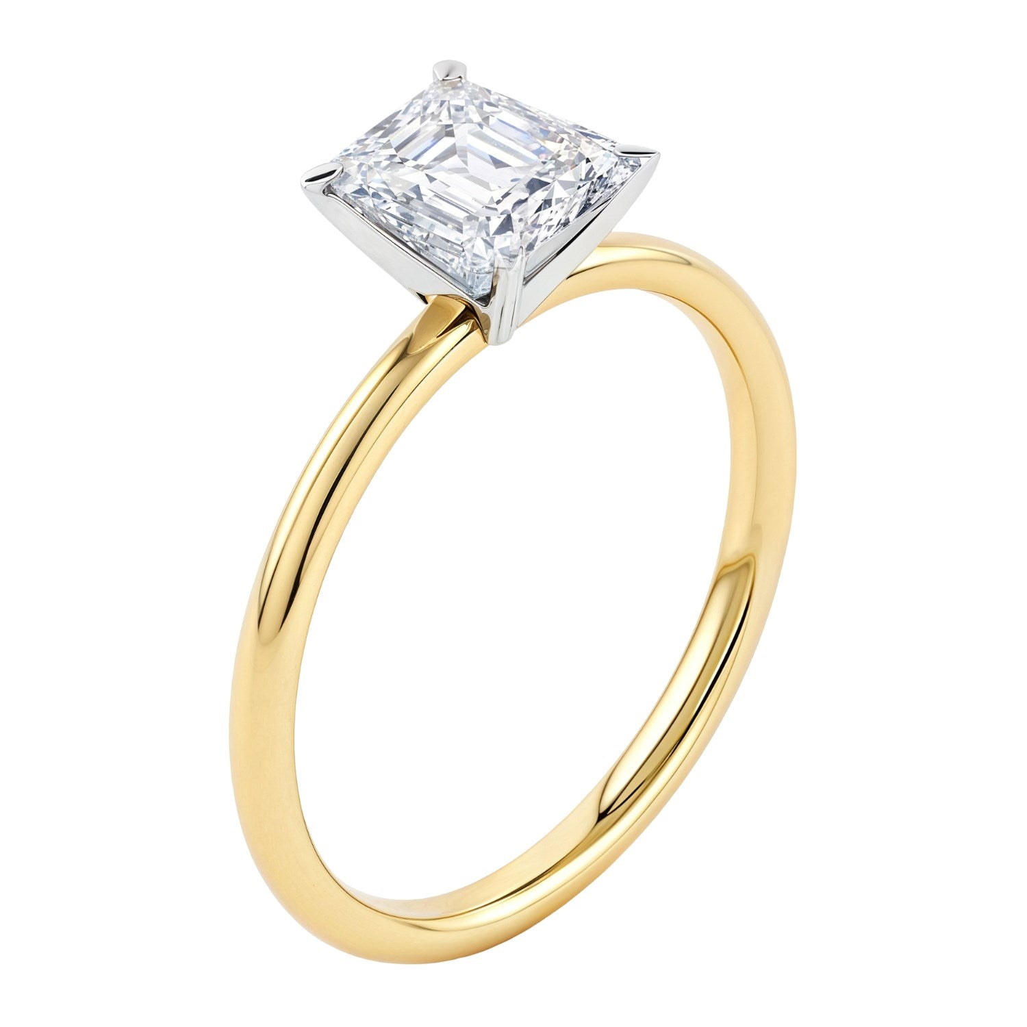 A 14K yellow gold solitaire ring with an emerald-cut lab-grown diamond.