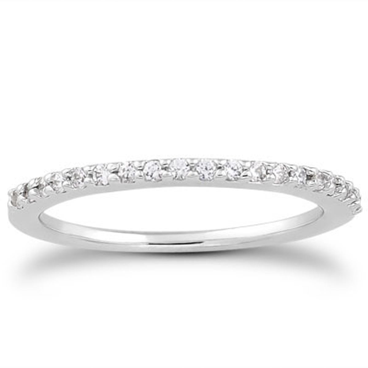 14k white gold slim profile wedding band with micro prong set diamonds.