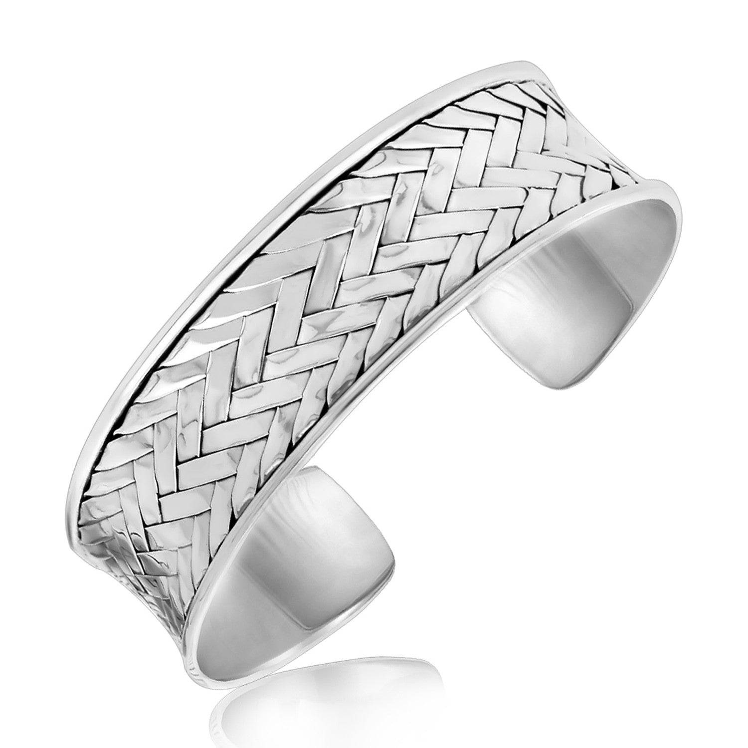 Sterling silver rhodium-plated cuff bracelet with a fancy woven texture.