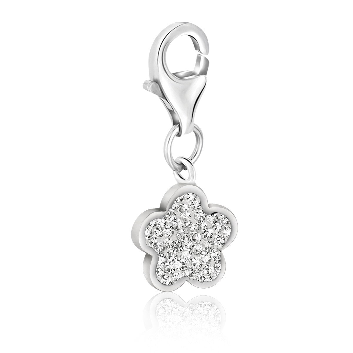 Sterling silver star-shaped charm with white crystal accents and a lobster clasp.