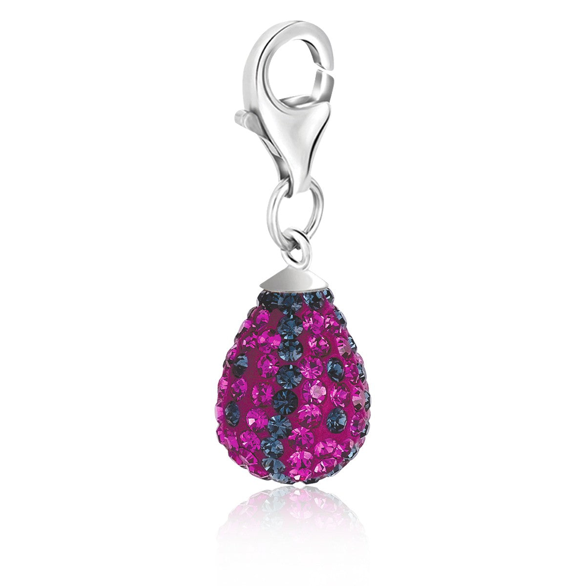Sterling silver teardrop charm with pink and navy blue crystal accents and a lobster clasp.