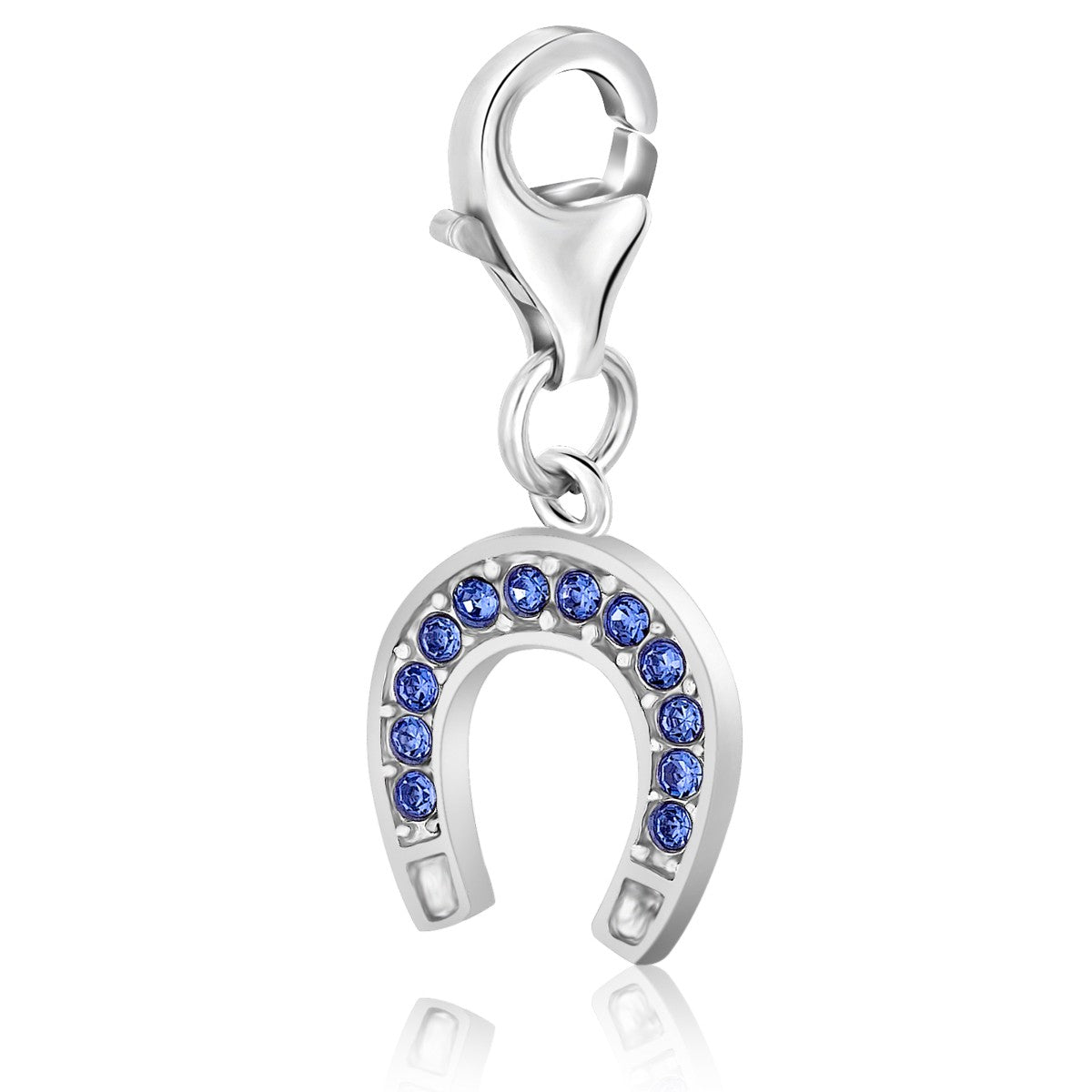 Sterling silver horseshoe charm with blue crystal embellishments and a lobster clasp.