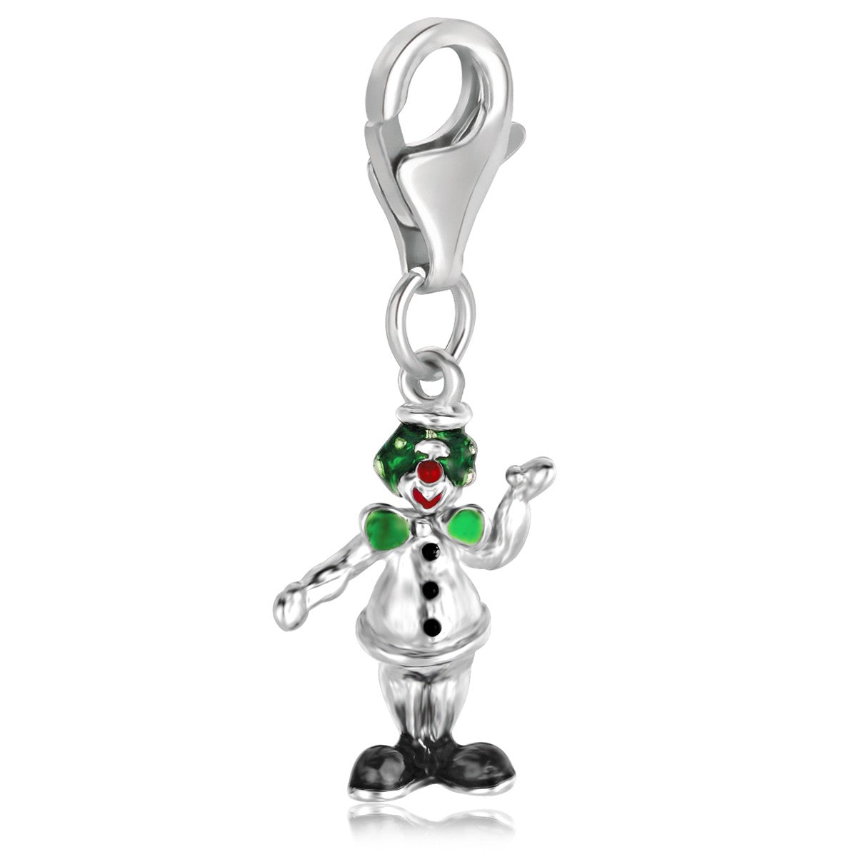 Sterling silver clown charm with green, red, and black enamel details.