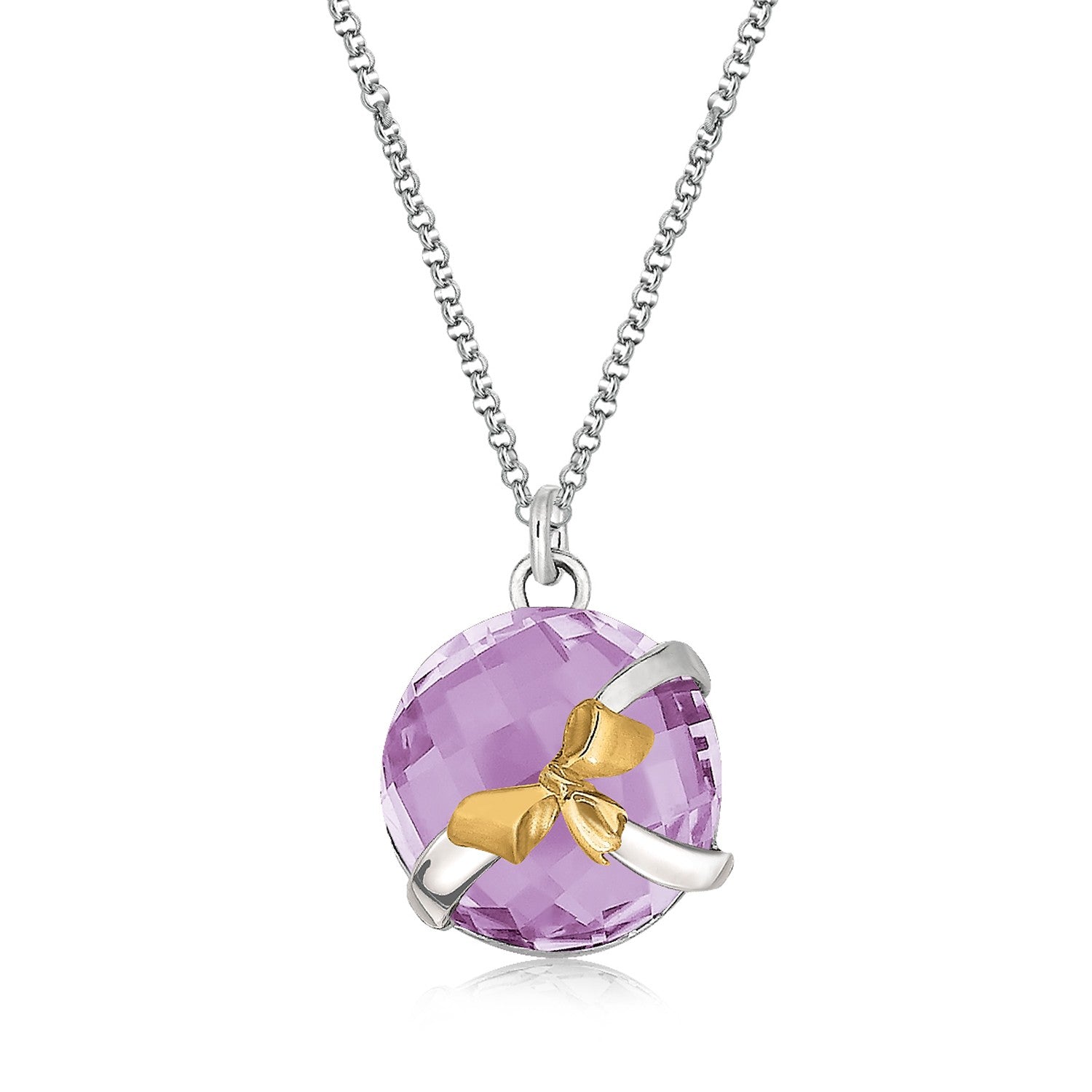 Sterling silver necklace with a round pink amethyst pendant and a gold bow.