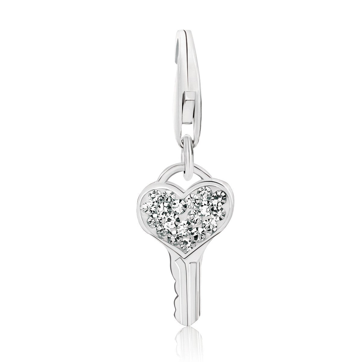Sterling silver heart key charm with white crystal accents and a lobster clasp.