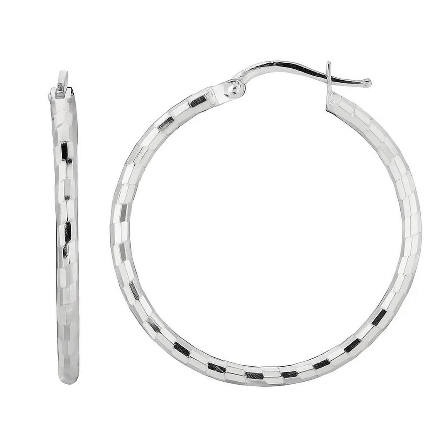 Sterling silver diamond-cut hoop earrings with rhodium plating and snap backs.
