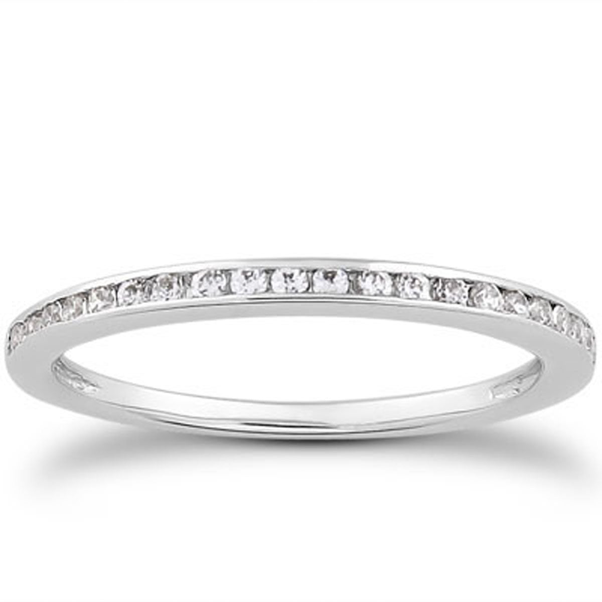 14k white gold slim profile wedding band with channel-set round diamonds.