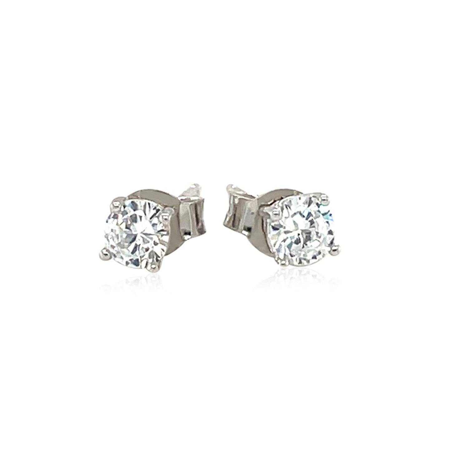 Sterling silver stud earrings with 4mm round faceted white cubic zirconia.