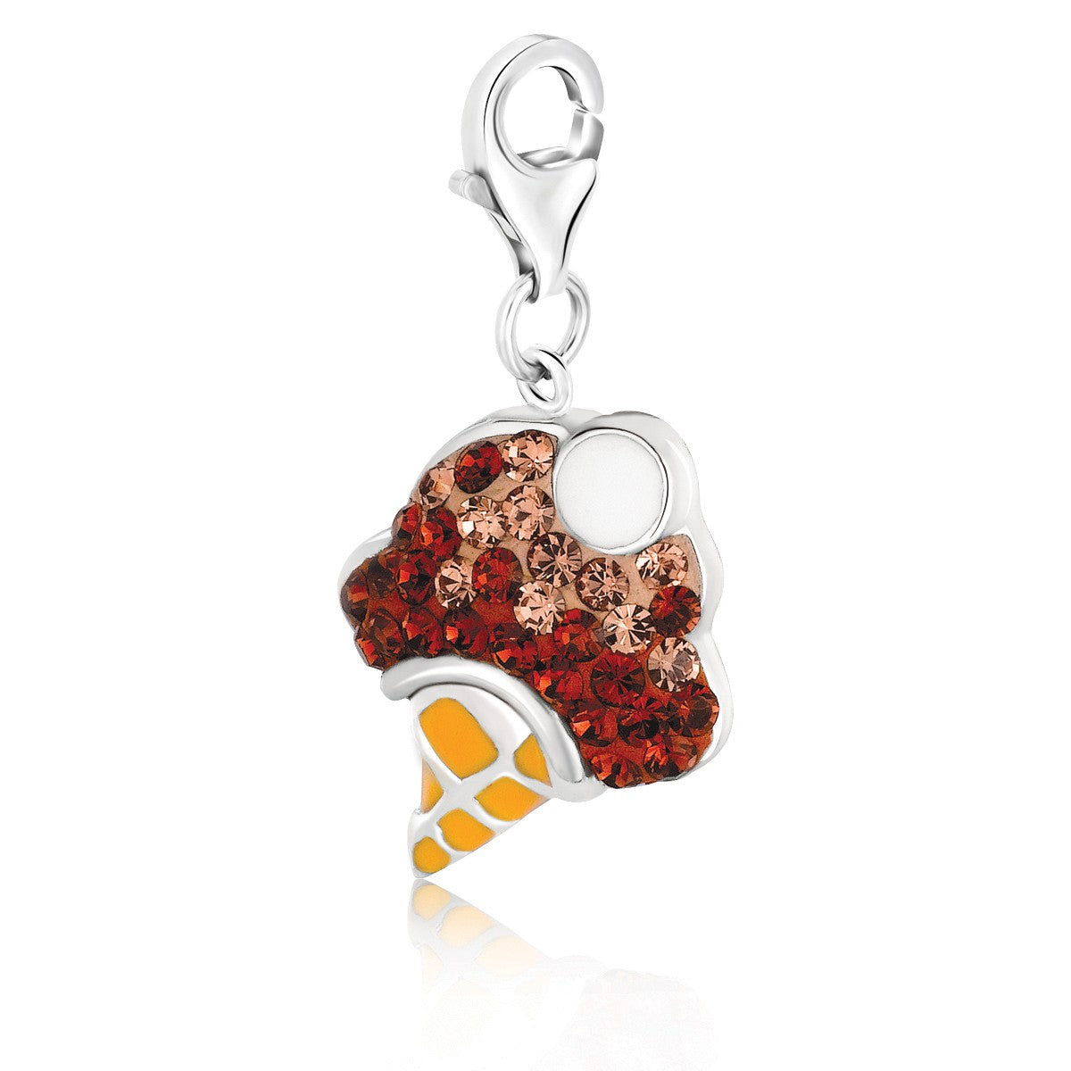 Sterling silver ice cream cone charm with multi-color crystal accents and yellow enamel.