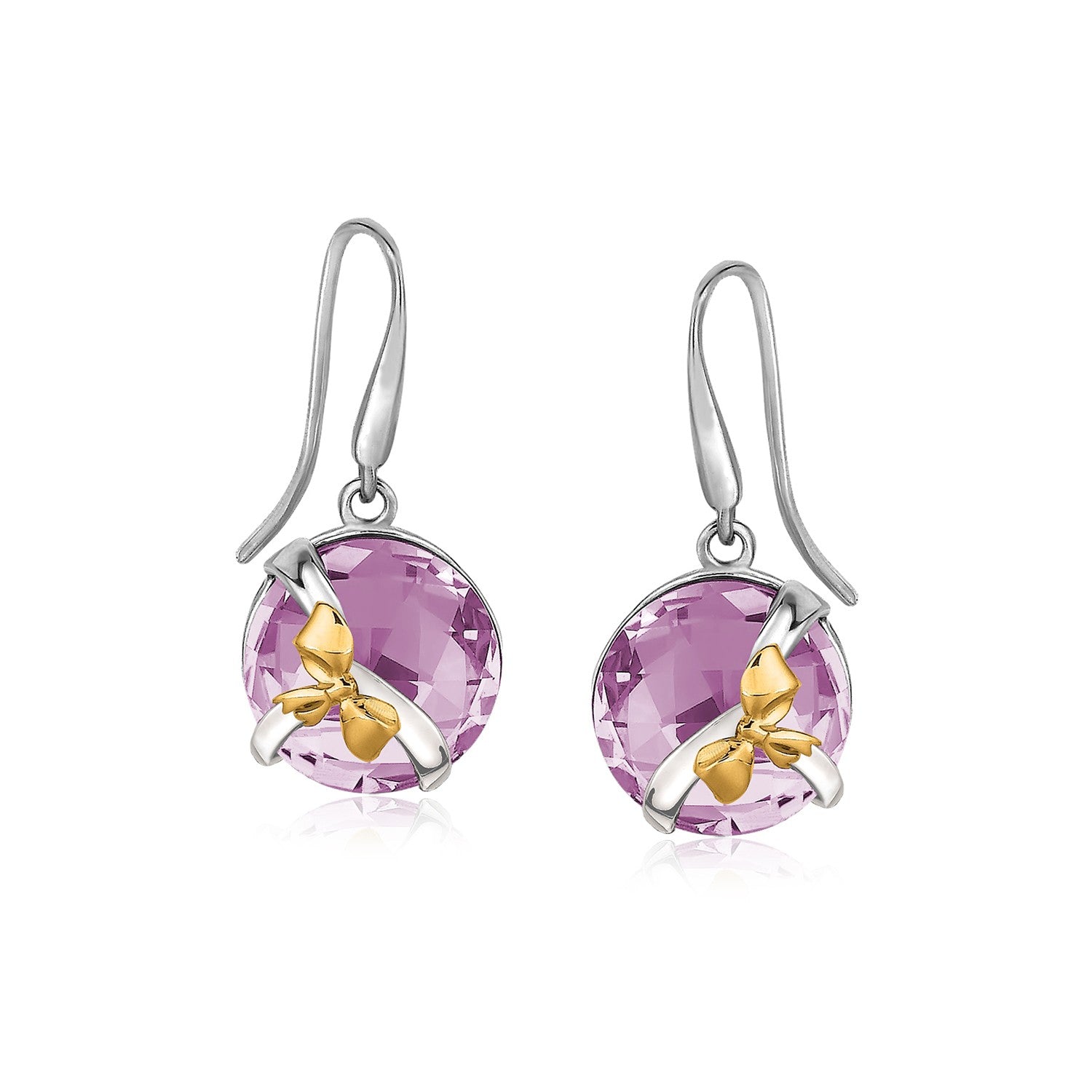 A pair of sterling silver drop earrings with round pink amethysts and gold bows.