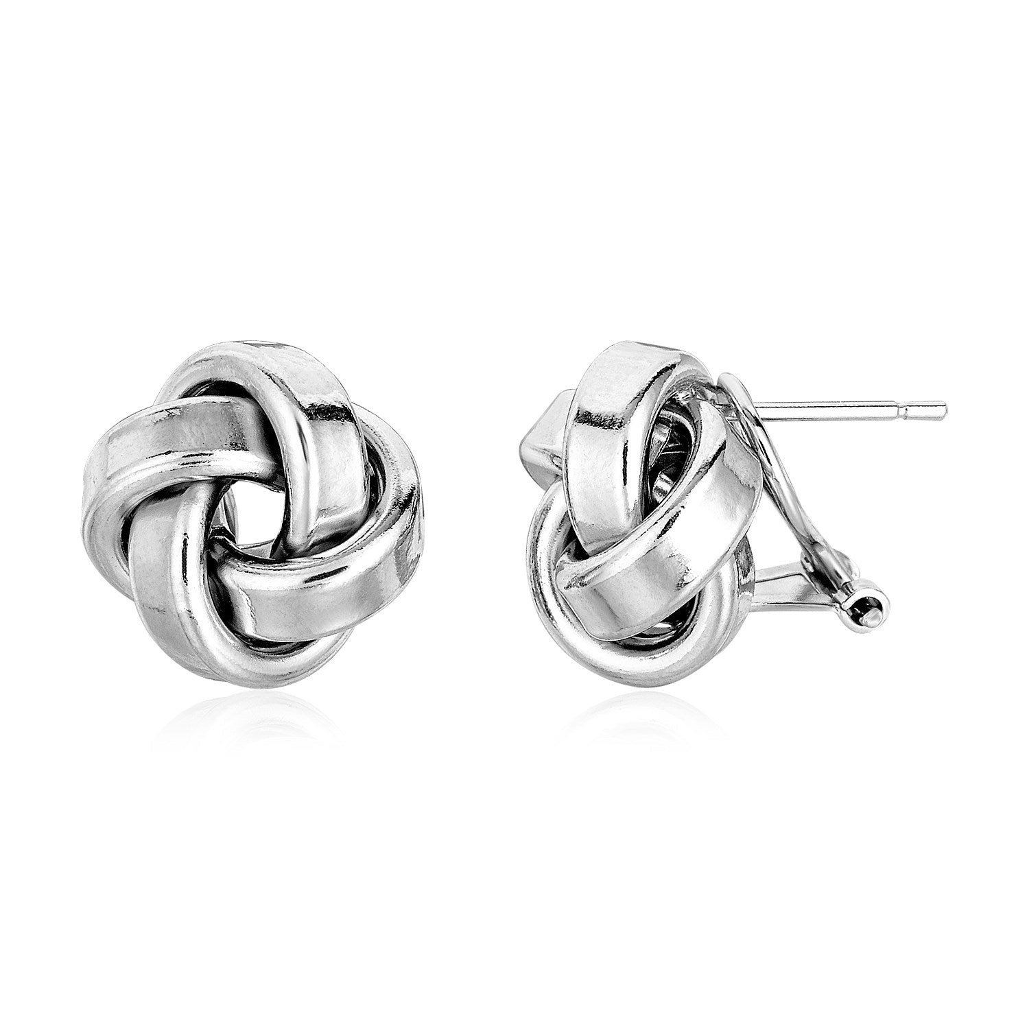 Large sterling silver polished love knot earrings with hinged snap backs.
