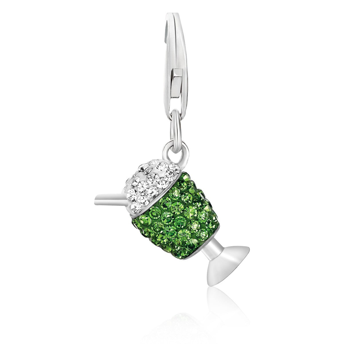 Sterling silver ice cream in a cup charm with green and white crystal accents.