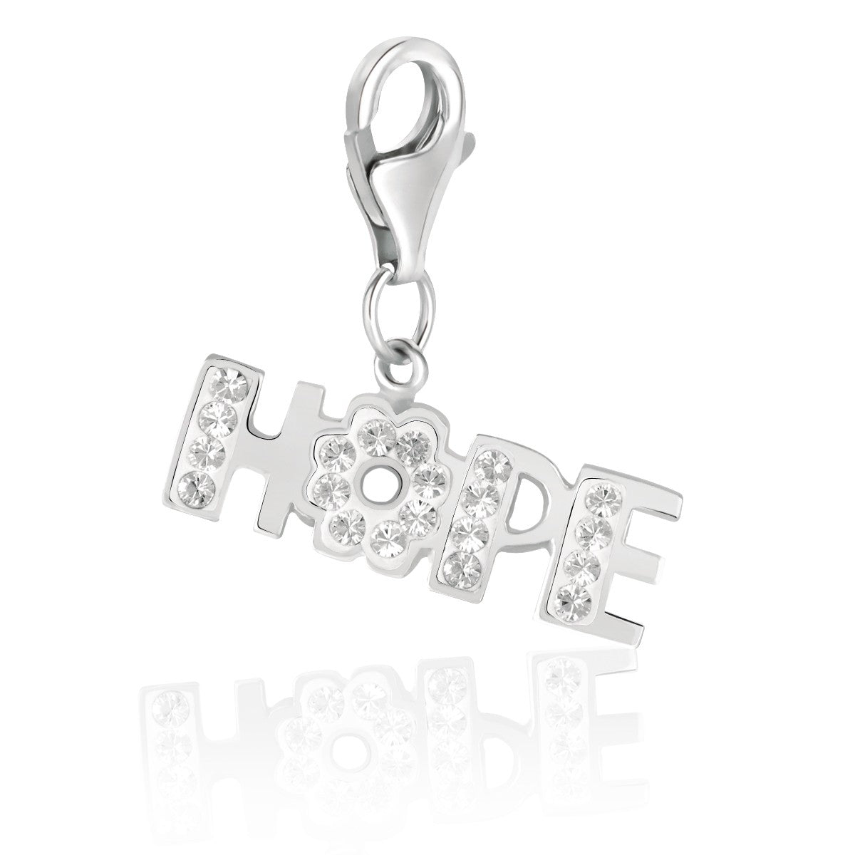 Sterling silver "HOPE" charm with white crystal accents and a lobster clasp.