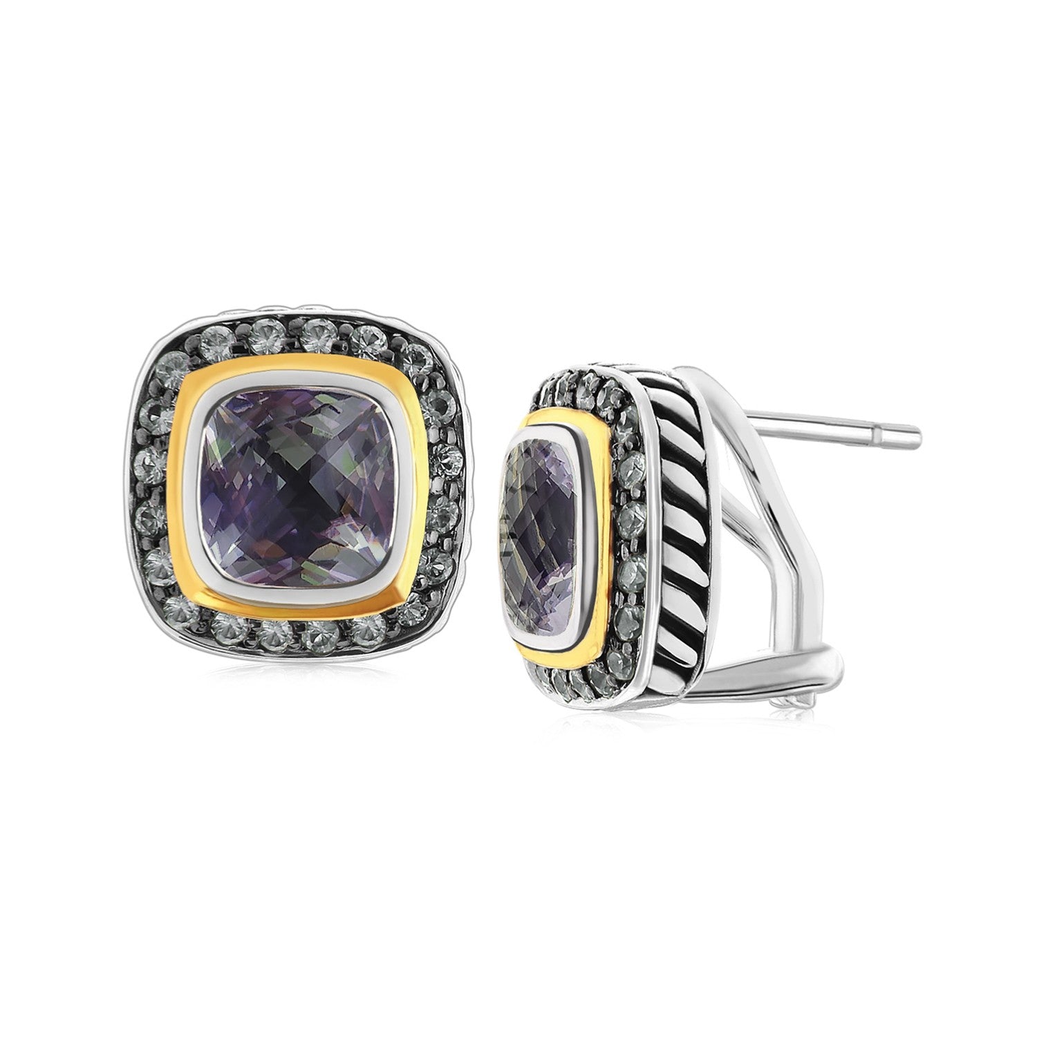 18K yellow gold and sterling silver earrings with a square amethyst and pave tsavorites.