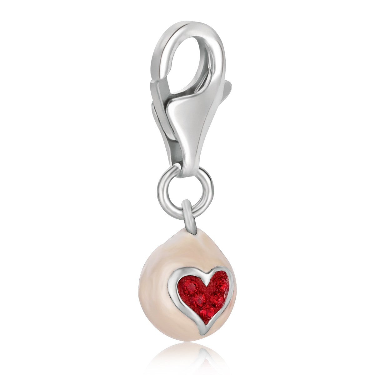 Sterling silver egg charm with a red crystal heart and lobster clasp.