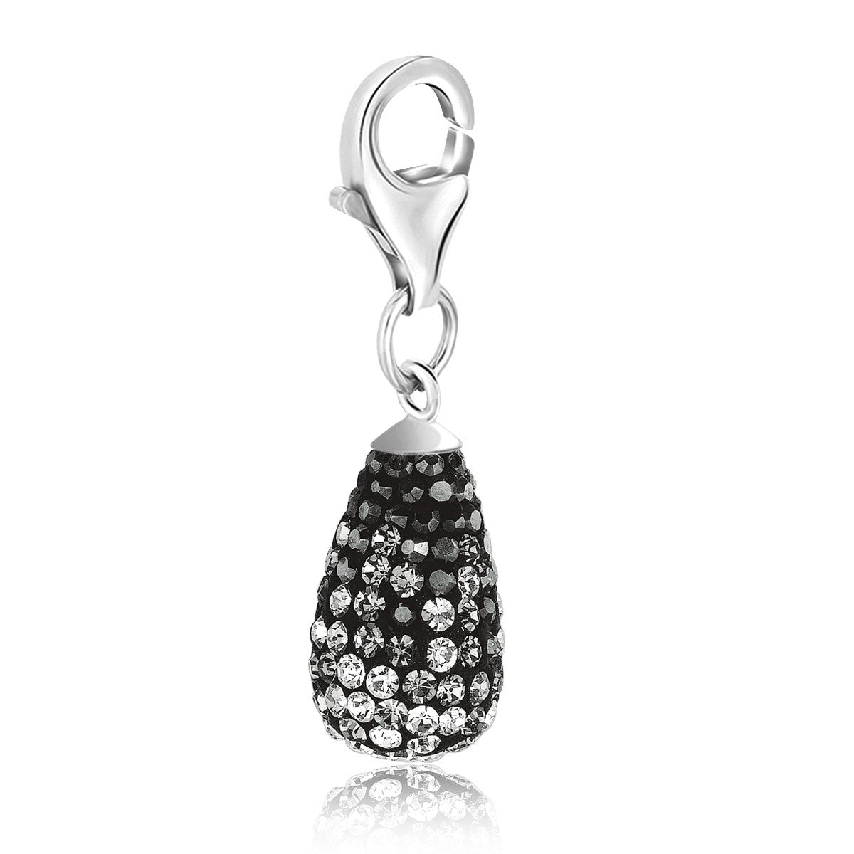 Sterling silver teardrop charm encrusted with black and clear crystals.