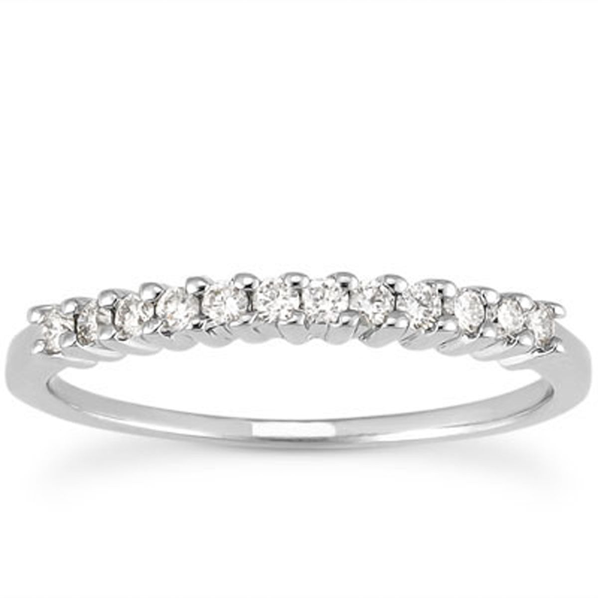 14k white gold wedding band with twelve round diamonds in a shared prong setting.