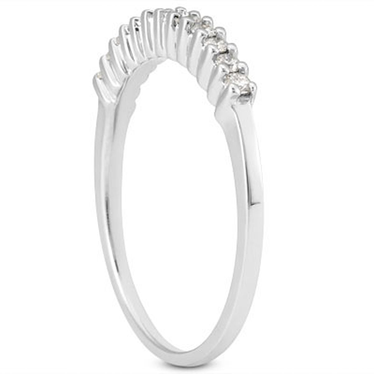 14k white gold wedding band with twelve round diamonds in a raised shared prong setting.