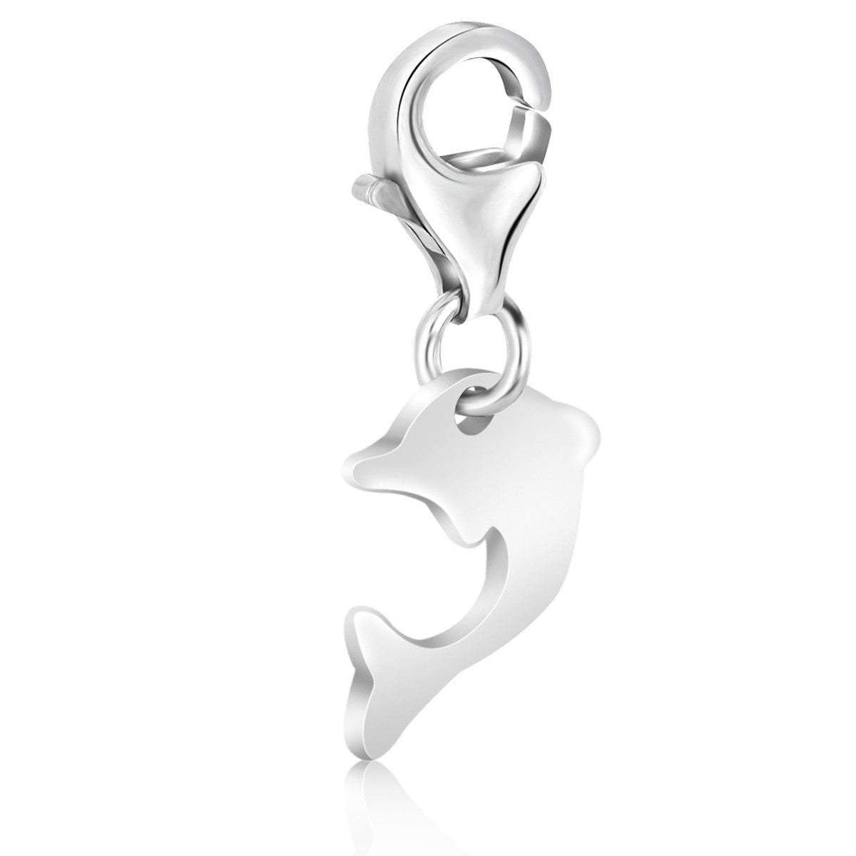 Sterling silver dolphin charm with a lobster clasp.