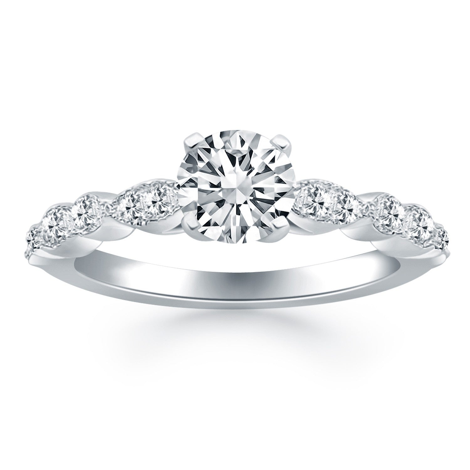 14k white gold engagement ring with a round diamond and pave-set side diamonds.