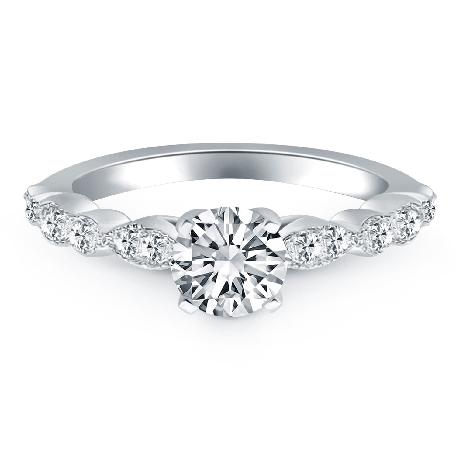 14k white gold engagement ring with a round center diamond and pave side diamonds.