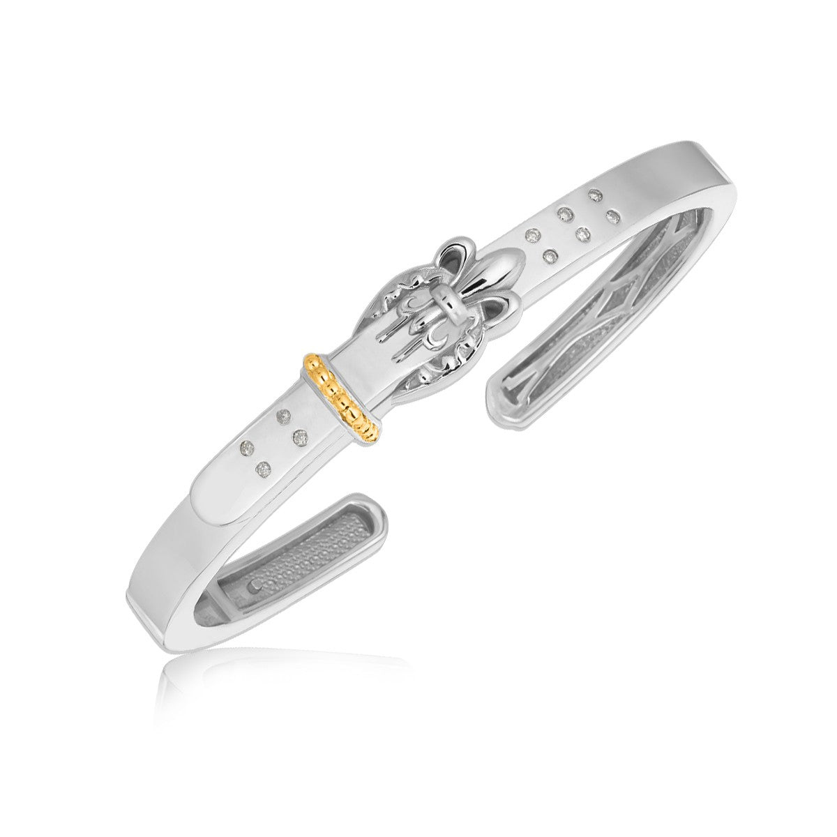 Sterling silver and yellow gold buckle bangle with diamond accents.
