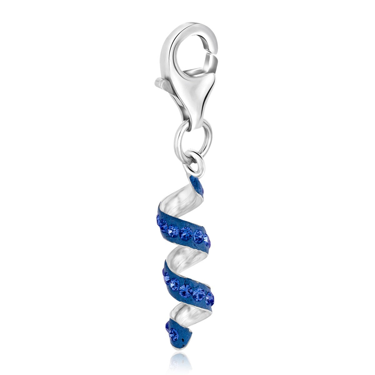 Sterling silver coil charm embellished with blue crystals.