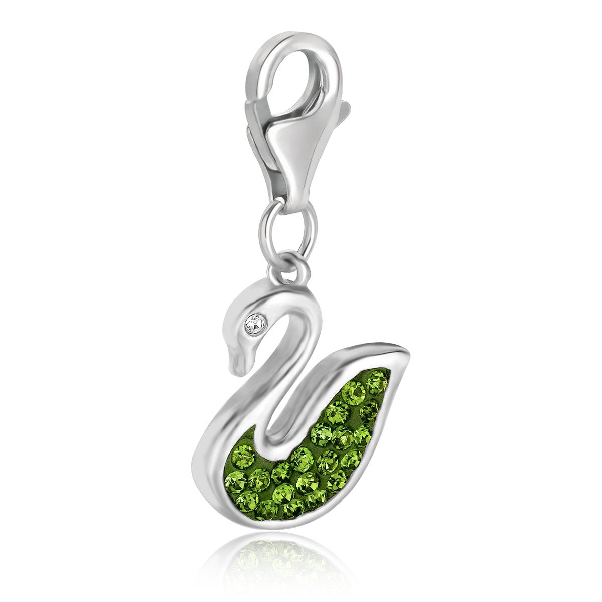 Sterling silver swan charm with green crystals and a lobster clasp.