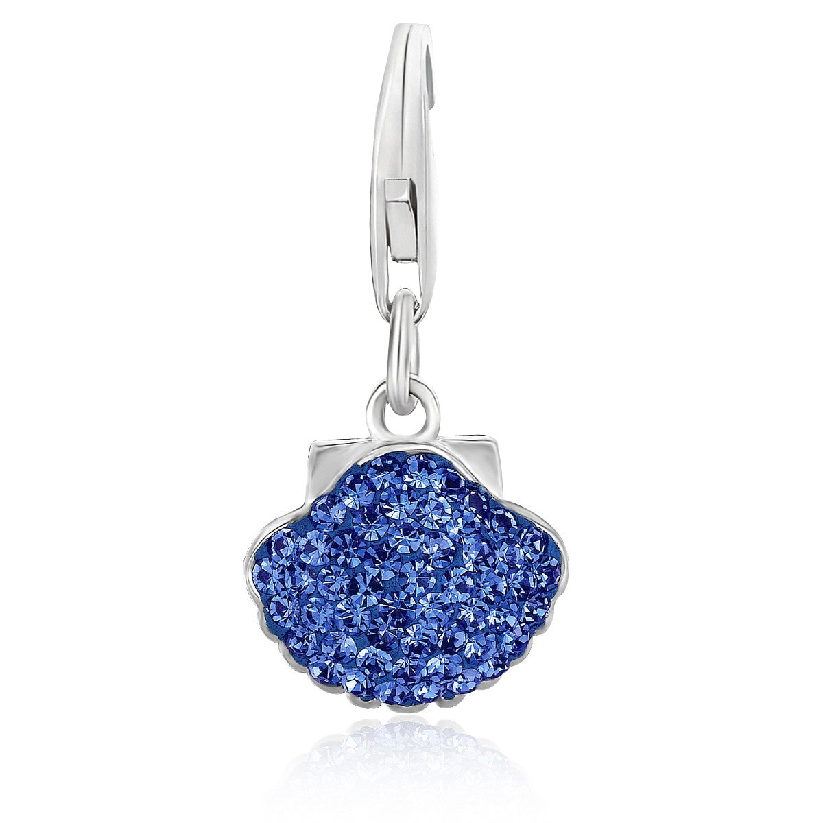 Sterling silver seashell charm encrusted with blue crystals, featuring a lobster clasp.
