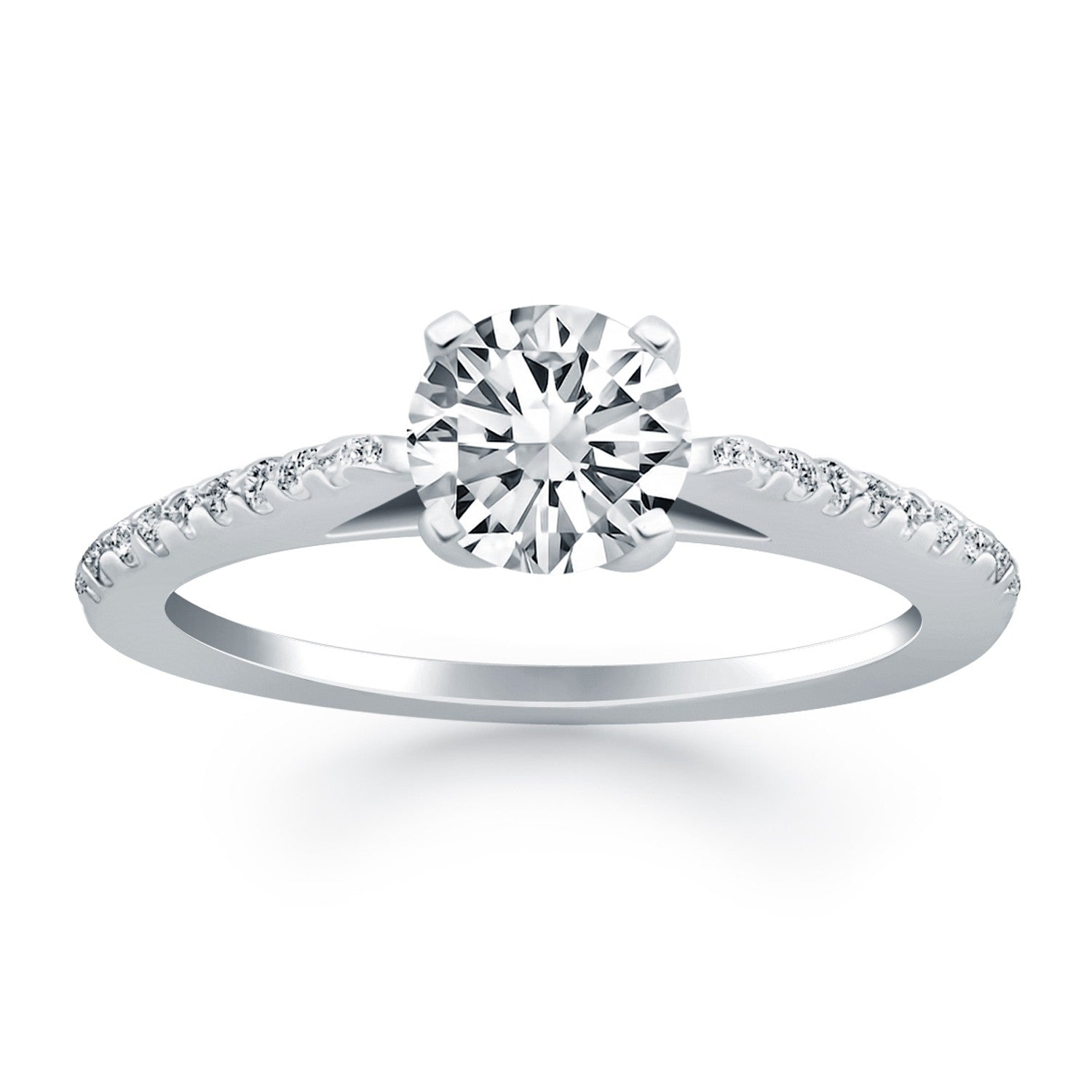 14k white gold micro prong diamond cathedral engagement ring with a round center diamond.