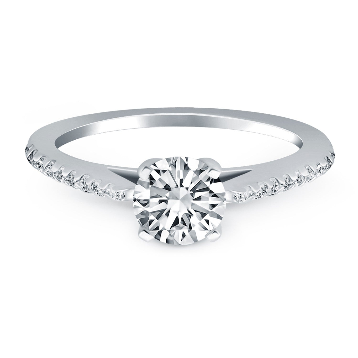 A 14k white gold micro prong diamond cathedral engagement ring with a round center diamond.