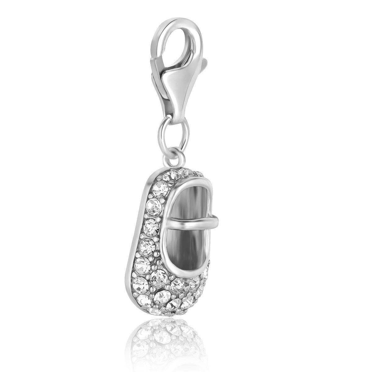 Sterling silver baby shoe charm with white crystal accents and a lobster clasp.
