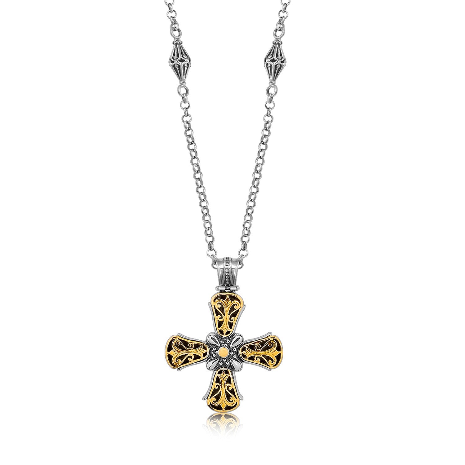 18K yellow gold and sterling silver fancy antique style cross pendant.