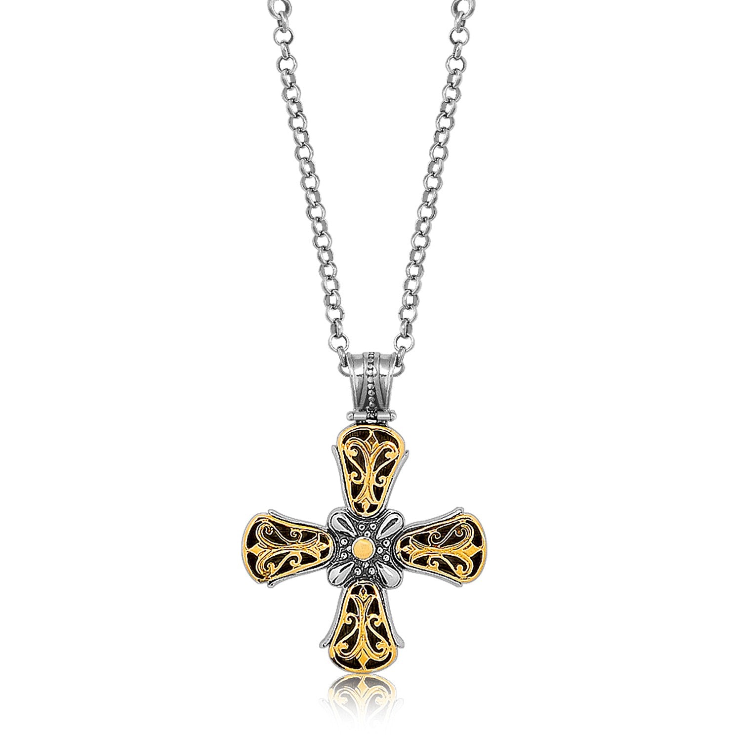 18K yellow gold and sterling silver fancy antique style cross pendant with an ornate bail.