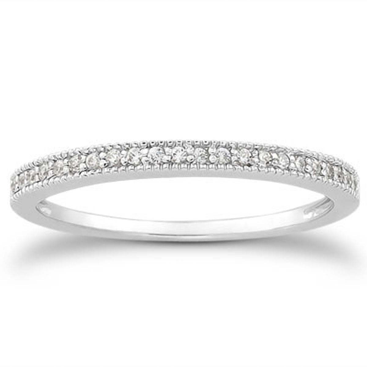 14k white gold diamond micro pave wedding band with milgrain detailing.