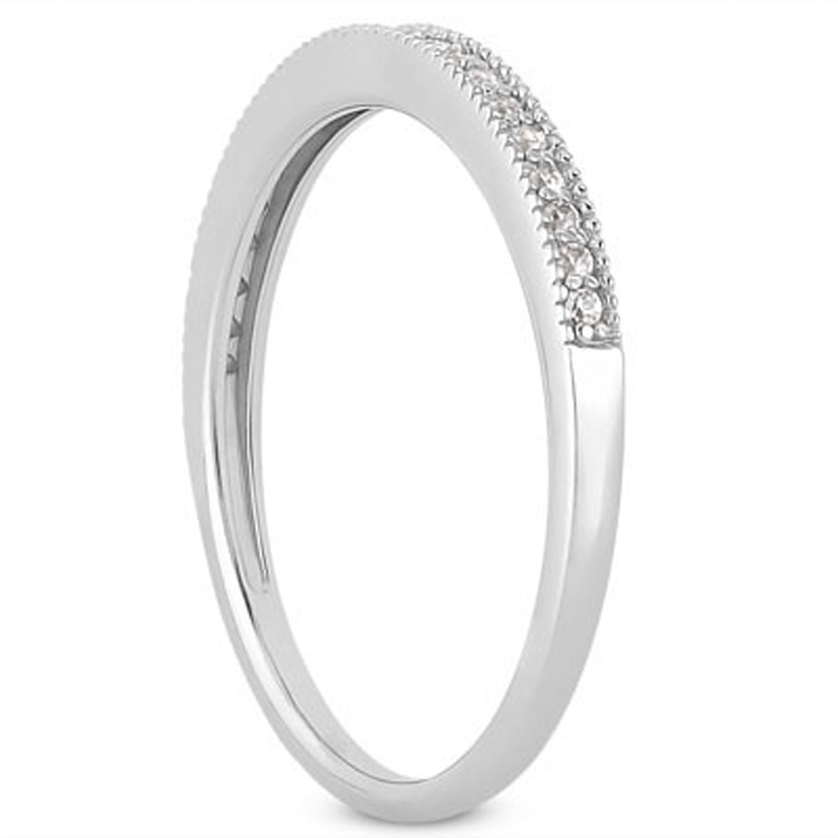 14k white gold diamond micro pave wedding band with milgrain detailing.