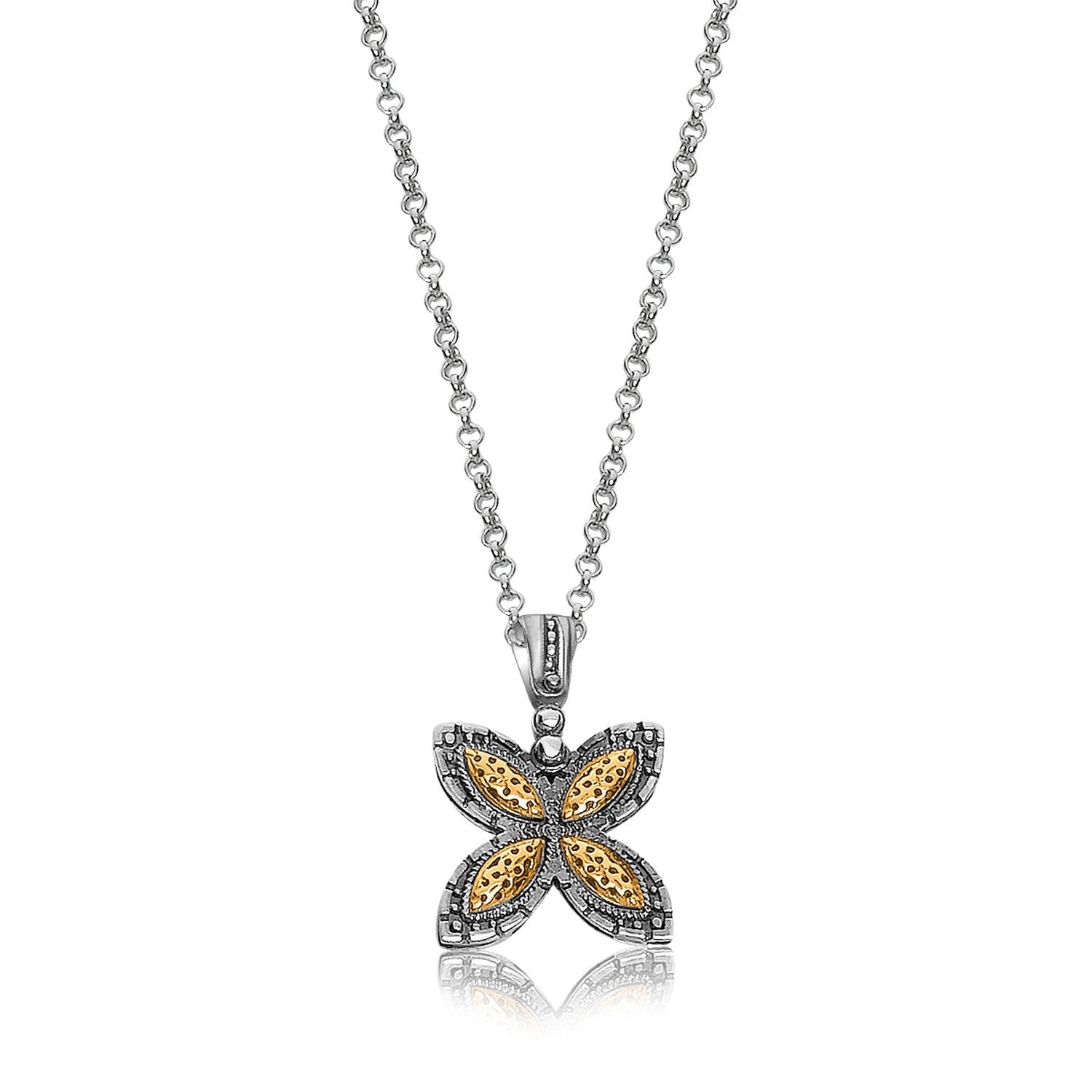 18K yellow gold and sterling silver filigree butterfly motif pendant on a chain.
