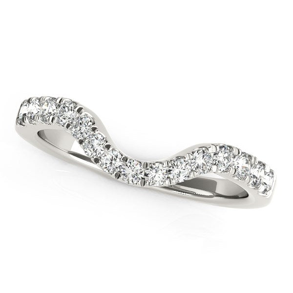 14k white gold curved wedding ring with 15 round, prong-set diamonds.