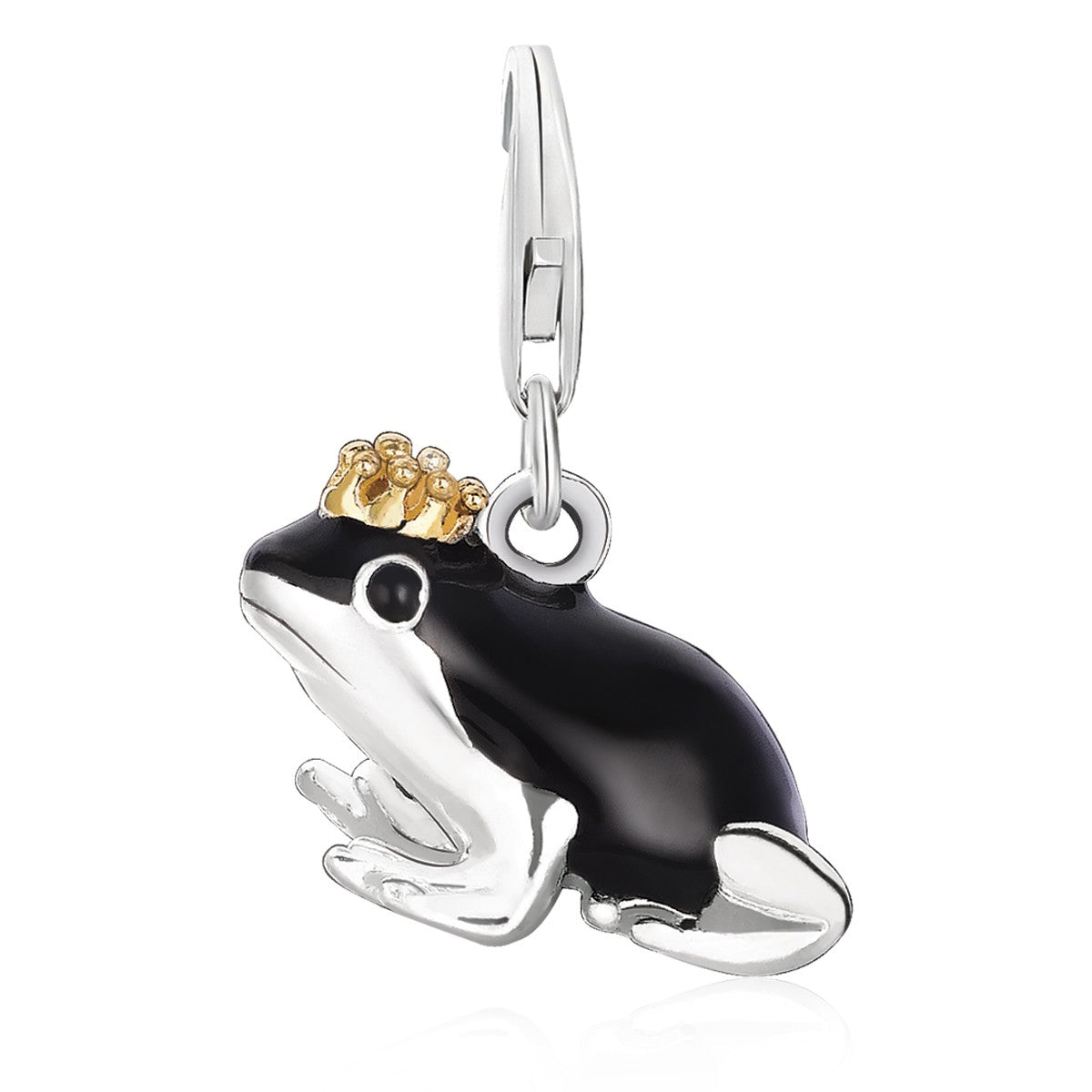 Sterling silver frog prince charm with black enamel and a golden crown.
